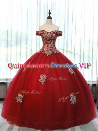 Dynamic Wine Red Off The Shoulder Neckline Beading and Appliques Vestidos de Quinceanera Sleeveless Lace Up