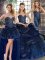 Modest Beading and Ruffles Ball Gown Prom Dress Navy Blue Lace Up Sleeveless Floor Length