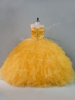 Fantastic Gold Tulle Lace Up Quince Ball Gowns Sleeveless Floor Length Beading and Ruffles(SKU PSSW0813-2BIZ)