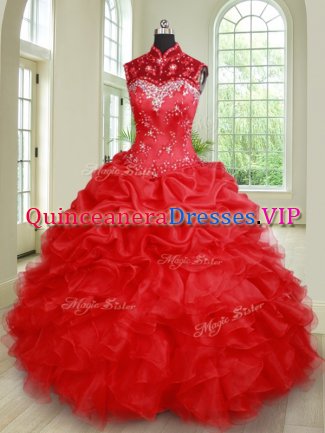 Beauteous See Through Sleeveless Organza Floor Length Lace Up 15 Quinceanera Dress in Red with Beading and Ruffles and Pick Ups