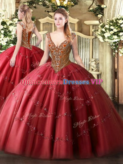 Fantastic Floor Length Red 15 Quinceanera Dress Tulle Sleeveless Beading and Appliques - Click Image to Close