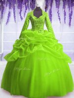 Latest Long Sleeves Organza Floor Length Zipper Sweet 16 Dress in with Sequins and Pick Ups