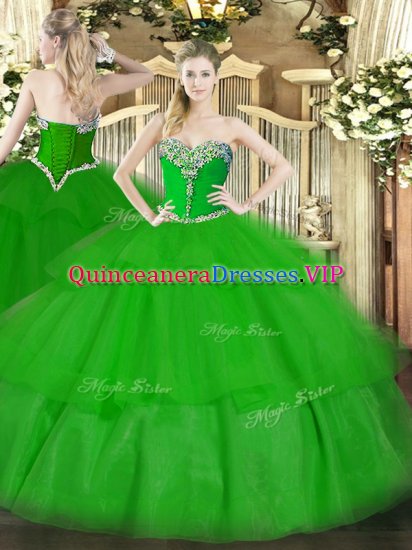 Beauteous Sleeveless Floor Length Beading and Ruffled Layers Lace Up Sweet 16 Dress with Green - Click Image to Close