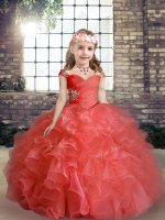 Admirable Floor Length Lace Up Kids Pageant Dress Red for Party and Wedding Party with Beading