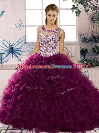 New Arrival Dark Purple Ball Gowns Beading and Ruffles Quinceanera Gowns Lace Up Organza Sleeveless Floor Length - Click Image to Close