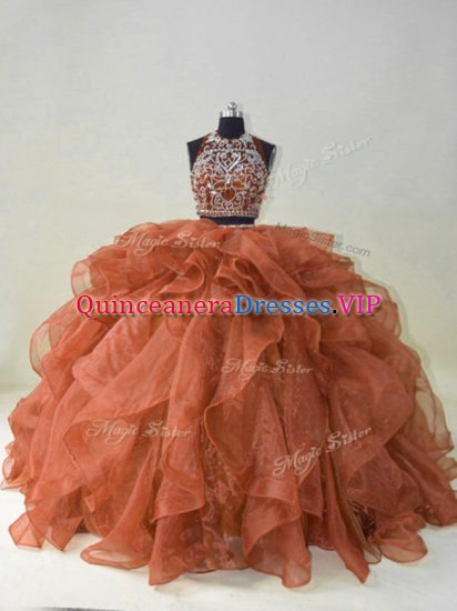 High Quality Brown Halter Top Neckline Beading and Ruffles Quinceanera Gowns Sleeveless Backless - Click Image to Close