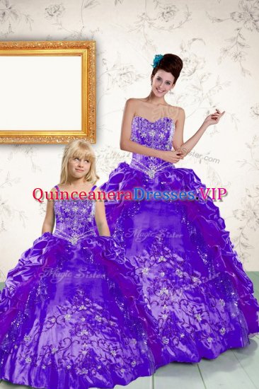 Flare Purple Taffeta Side Zipper Quinceanera Gown Sleeveless Floor Length Beading and Embroidery and Pick Ups - Click Image to Close