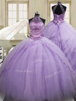 Lavender Tulle Lace Up Halter Top Sleeveless Vestidos de Quinceanera Sweep Train Beading and Embroidery