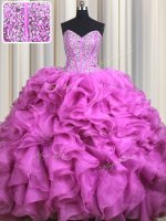 Visible Boning Brush Train Fuchsia Ball Gowns Beading and Ruffles Sweet 16 Quinceanera Dress Lace Up Organza Sleeveless With Train