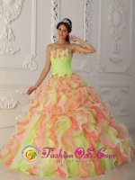 Bayreuth Germany Gorgeous Strapless Quinceanera Dress With Hand Made Flowers Ruffles Layered and Ruched Bodice