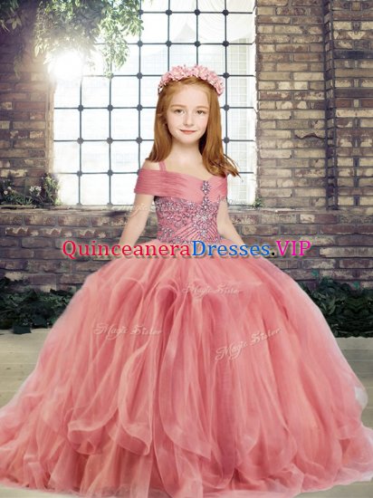 Watermelon Red Sleeveless Beading Floor Length Pageant Gowns - Click Image to Close