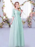 Light Blue Empire Scoop Half Sleeves Tulle Floor Length Side Zipper Lace and Belt Damas Dress(SKU BMT0387C-5BIZ)