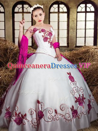 Sleeveless Floor Length Embroidery Lace Up 15 Quinceanera Dress with White