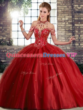 Wine Red Tulle Lace Up Sweet 16 Quinceanera Dress Sleeveless Brush Train Beading