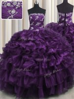 Amazing Organza Strapless Sleeveless Lace Up Appliques and Ruffles and Ruffled Layers 15 Quinceanera Dress in Purple