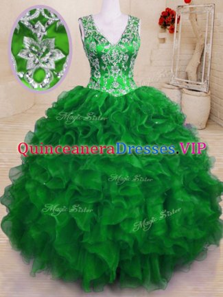 Green Quinceanera Gowns Military Ball and Sweet 16 and Quinceanera with Beading and Embroidery and Ruffles V-neck Sleeveless Zipper