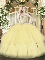 Low Price Gold Sleeveless Floor Length Beading and Ruffled Layers Lace Up Sweet 16 Quinceanera Dress