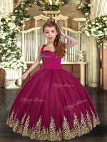 Burgundy Ball Gowns Tulle Straps Sleeveless Embroidery Floor Length Lace Up Kids Formal Wear(SKU PAG1128-1BIZ)