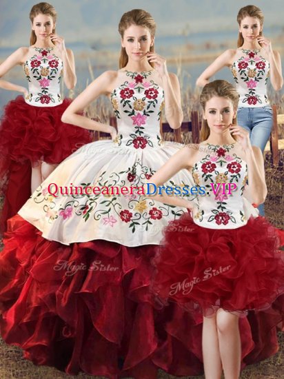 White And Red Organza Lace Up 15 Quinceanera Dress Sleeveless Floor Length Embroidery and Ruffles - Click Image to Close
