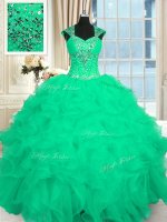 Exquisite Turquoise Lace Up Sweet 16 Dresses Beading and Ruffles and Pattern Cap Sleeves Floor Length(SKU PSSW0326-5BIZ)