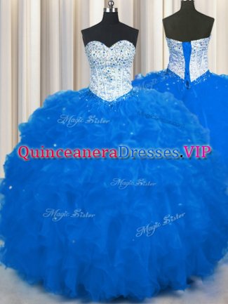 Royal Blue Ball Gowns Sweetheart Sleeveless Tulle Floor Length Lace Up Beading and Ruffles Vestidos de Quinceanera