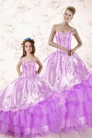 Perfect Lilac Sweetheart Lace Up Embroidery and Ruffled Layers Quinceanera Dresses Sleeveless