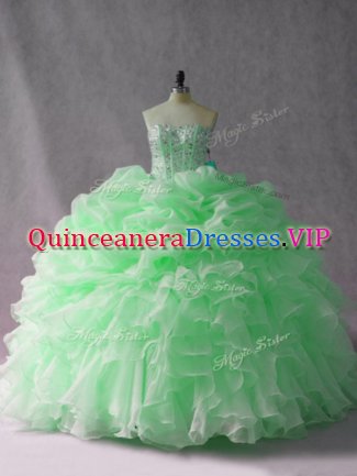 Glittering Sleeveless Beading and Ruffles Lace Up Quinceanera Dresses with Apple Green Brush Train