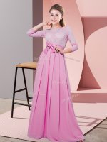 Rose Pink Side Zipper Scoop Lace and Belt Quinceanera Dama Dress Chiffon 3 4 Length Sleeve