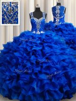 Straps Floor Length Royal Blue Quince Ball Gowns Organza Sleeveless Beading and Appliques and Ruffles
