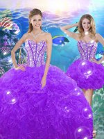 Purple Ball Gowns Sweetheart Sleeveless Organza Floor Length Lace Up Beading and Ruffles Vestidos de Quinceanera