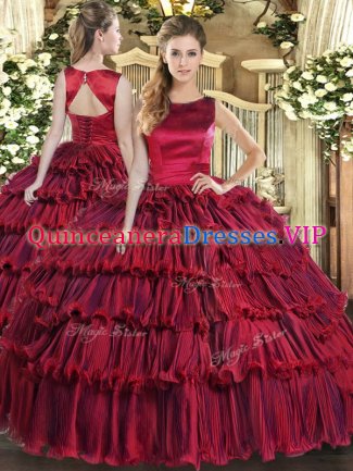 Unique Scoop Sleeveless Quince Ball Gowns Floor Length Ruffled Layers Wine Red Organza