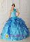 Plaisir France Aqua Blue One Shoulder Discount Quinceanera Dress Beaded Bodice Satin and Organza Ball Gown
