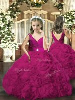 Ball Gowns Winning Pageant Gowns Fuchsia V-neck Fabric With Rolling Flowers Sleeveless Floor Length Backless