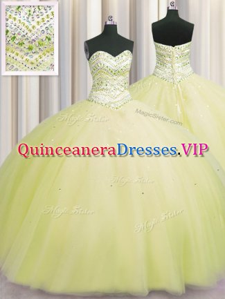 Modest Bling-bling Puffy Skirt Beading Casual Dresses Light Yellow Lace Up Sleeveless Floor Length