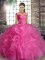 Cute Rose Pink Ball Gowns Beading and Ruffles Sweet 16 Dress Lace Up Organza Sleeveless Floor Length