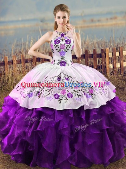 Embroidery and Ruffles 15th Birthday Dress White And Purple Lace Up Sleeveless Floor Length - Click Image to Close