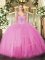 Traditional Rose Pink Ball Gowns Beading Sweet 16 Dress Lace Up Tulle Sleeveless Floor Length