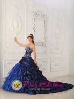 Perfect Royal Blue Appliques Chapel Train Quinceanera Dress For Townsville QLD Sweetheart Taffeta and Organza Ball Gown