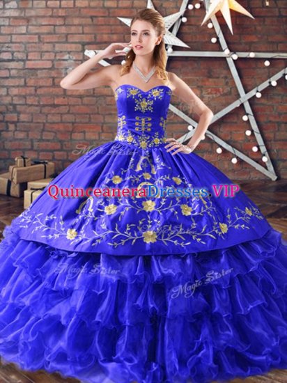 Customized Royal Blue Ball Gowns Sweetheart Sleeveless Organza Floor Length Lace Up Embroidery and Ruffled Layers 15 Quinceanera Dress - Click Image to Close