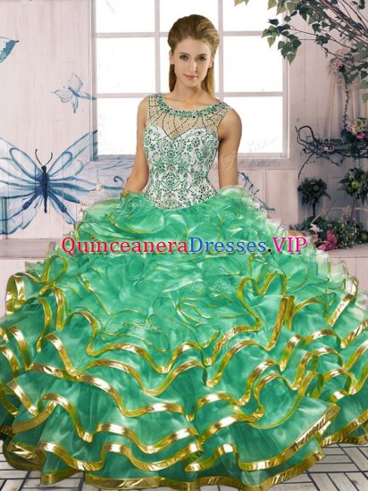 Perfect Sleeveless Floor Length Beading and Ruffles Lace Up Quinceanera Dresses with Turquoise - Click Image to Close
