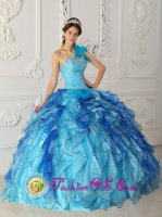 Aqua Blue One Shoulder Discount Sabana Yegua Dominican Republic Quinceanera Dress Beaded Bodice Satin and Organza Ball Gown