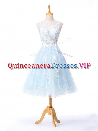 Light Blue Sleeveless Appliques Knee Length Quinceanera Court of Honor Dress