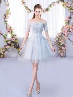 Nice Grey Short Sleeves Mini Length Lace Lace Up Dama Dress