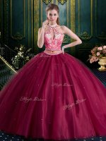 Luxurious Halter Top Burgundy Tulle Lace Up High-neck Sleeveless Floor Length 15th Birthday Dress Beading and Lace and Appliques(SKU SJQDDT953002A-2BIZ)