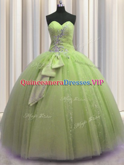 Yellow Green 15 Quinceanera Dress Military Ball and Sweet 16 and Quinceanera with Beading and Sequins and Bowknot Sweetheart Sleeveless Lace Up - Click Image to Close