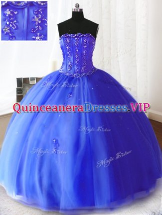 Royal Blue Ball Gowns Strapless Sleeveless Tulle Floor Length Lace Up Beading and Appliques Sweet 16 Quinceanera Dress