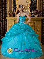 Appliques Decorate Sweetheart Bodice Teal Quinceanera Dress For Hand Made Flower and Pick-ups in Alpine CA