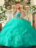 Dramatic Tulle Sleeveless Floor Length Quinceanera Dress and Beading and Ruffles