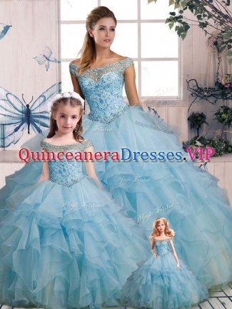 Beautiful Floor Length Ball Gowns Sleeveless Light Blue Quinceanera Gown Lace Up