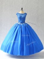 Sexy Beading and Appliques Vestidos de Quinceanera Blue Lace Up Sleeveless Floor Length